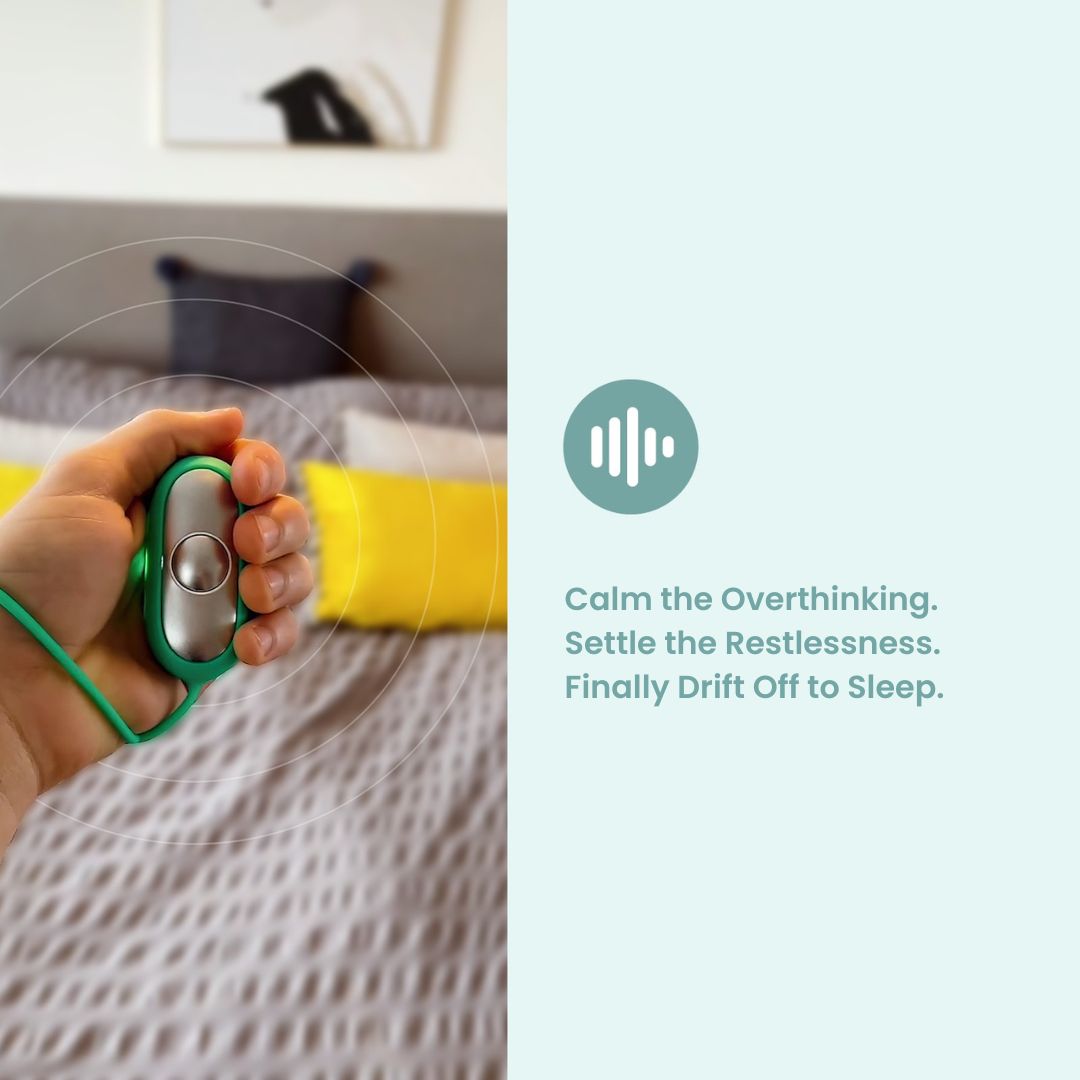 Hand holding a green and silver LunaCalm device with text about mental health benefits on a light blue background.