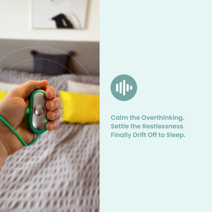 Hand holding a green and silver LunaCalm device with text about mental health benefits on a light blue background.
