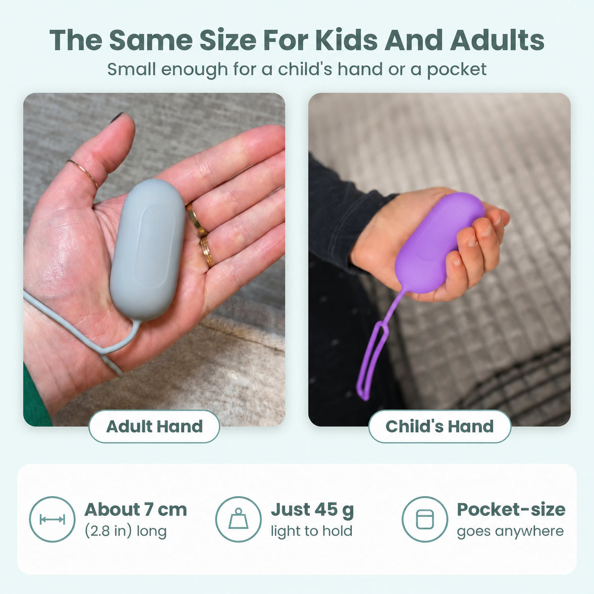Plain blue and purple handheld relaxation devices in adult and child hands